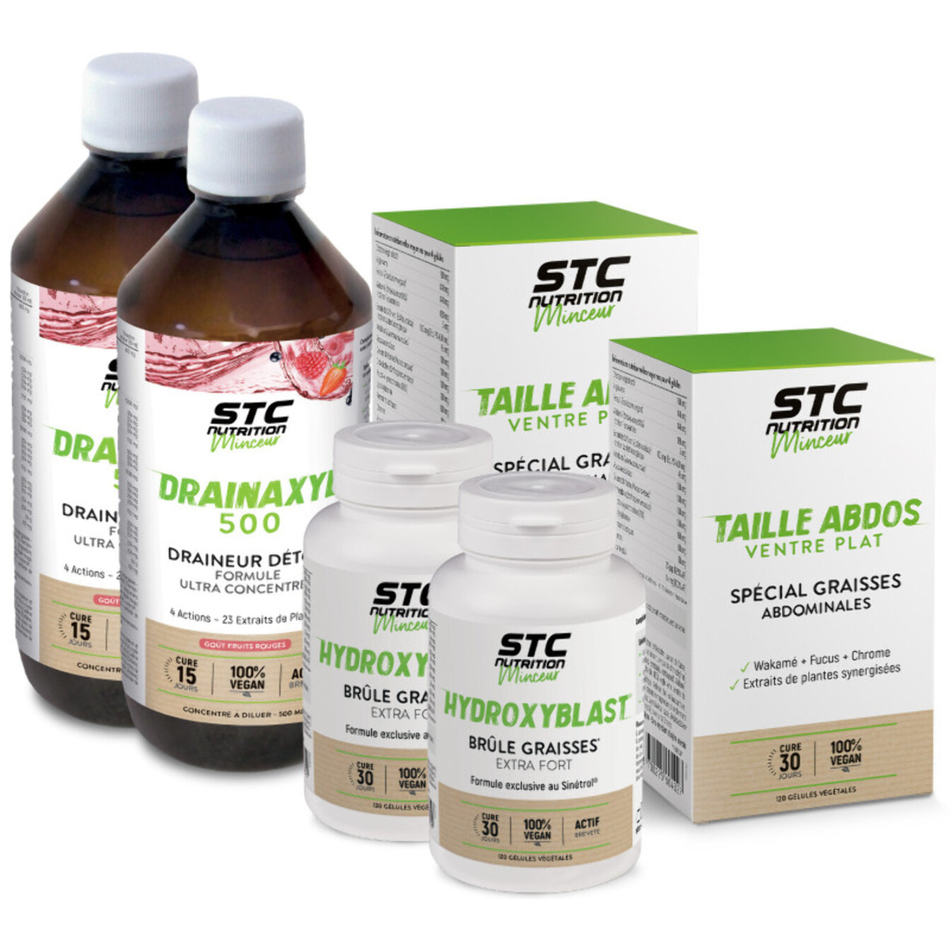 STC NUTRITION - Pack Perte de Graisse Accélérée - Complément alimentaire - Drainaxyl® 500 Fruits Rouges + Hydroxyblast® + Taille Abdos Ventre Plat + - Elimination & Drainage - Brûle graisses extra-fort - Programme 2 mois