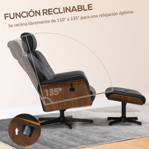 HOMCOM Sillón de Salón con Otomana Reposapiés Tapizado en Microfibra Sillón Relax Reclinable hasta 135° Giratorio 360° con Reposacabezas Ajustable para Salón Oficina 84x83x103 cm Negro