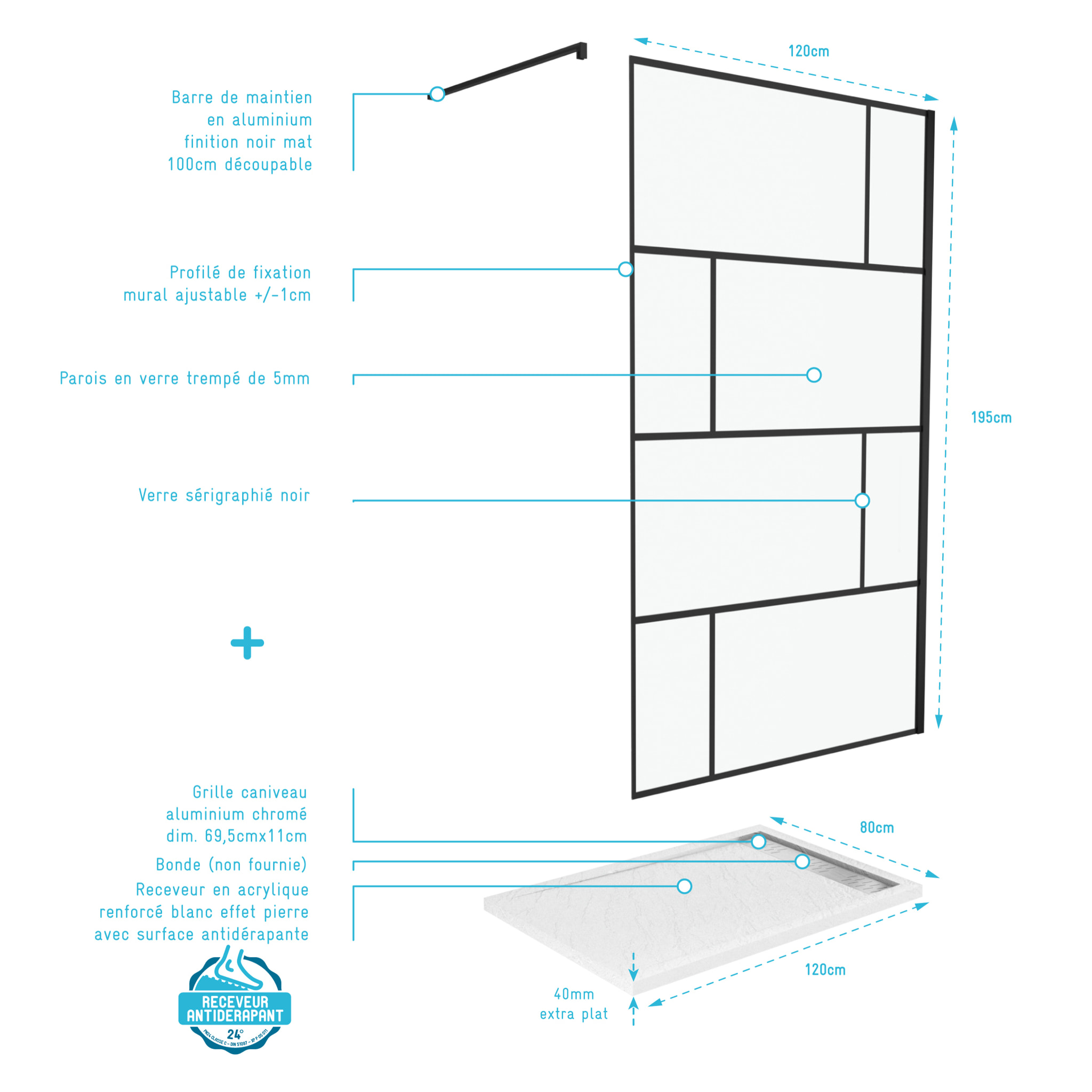 Pack Paroi de douche 120x195 cm + receveur en acrylique blanc effet pierre 120x80 cm