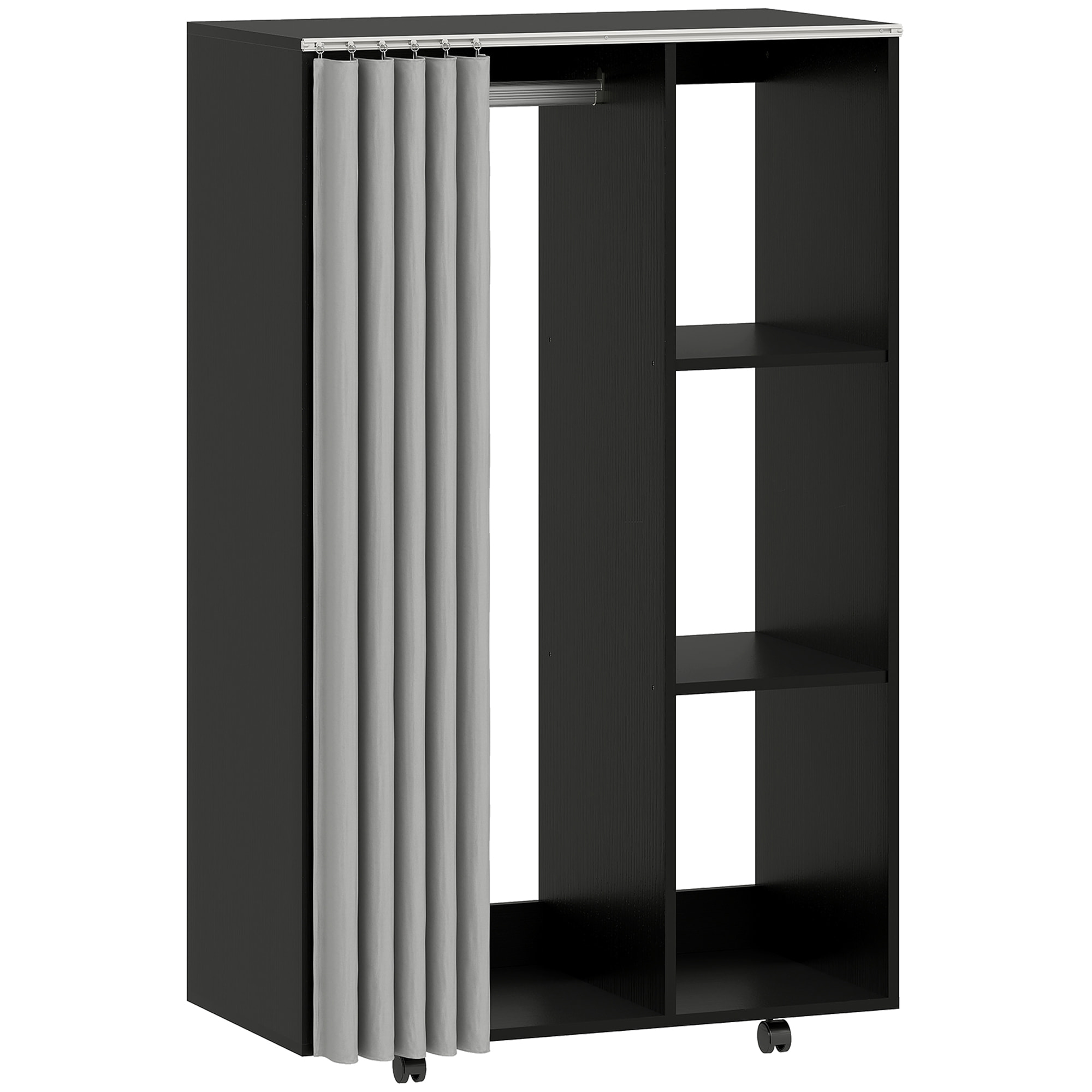 Armoire penderie sur roulettes - tringle, étagère, penderie, 3 compartiments - effet bois noir rideau gris