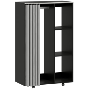 Armoire penderie sur roulettes - tringle, étagère, penderie, 3 compartiments - effet bois noir rideau gris