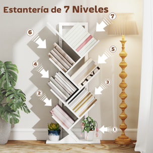 Librería en Forma de Árbol de 7 Niveles, Estantería de Libros con 7 Estantes, Estructura de Acero, para CD, DVD, Álbumes, Sala de Estar, Oficina, Estudio, Dormitorio, 50x24x109 cm, Blanco