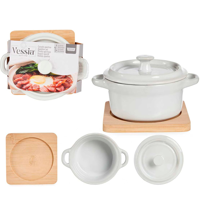 CAZUELA CERAMICA REDONDA CON BASE BAMBU