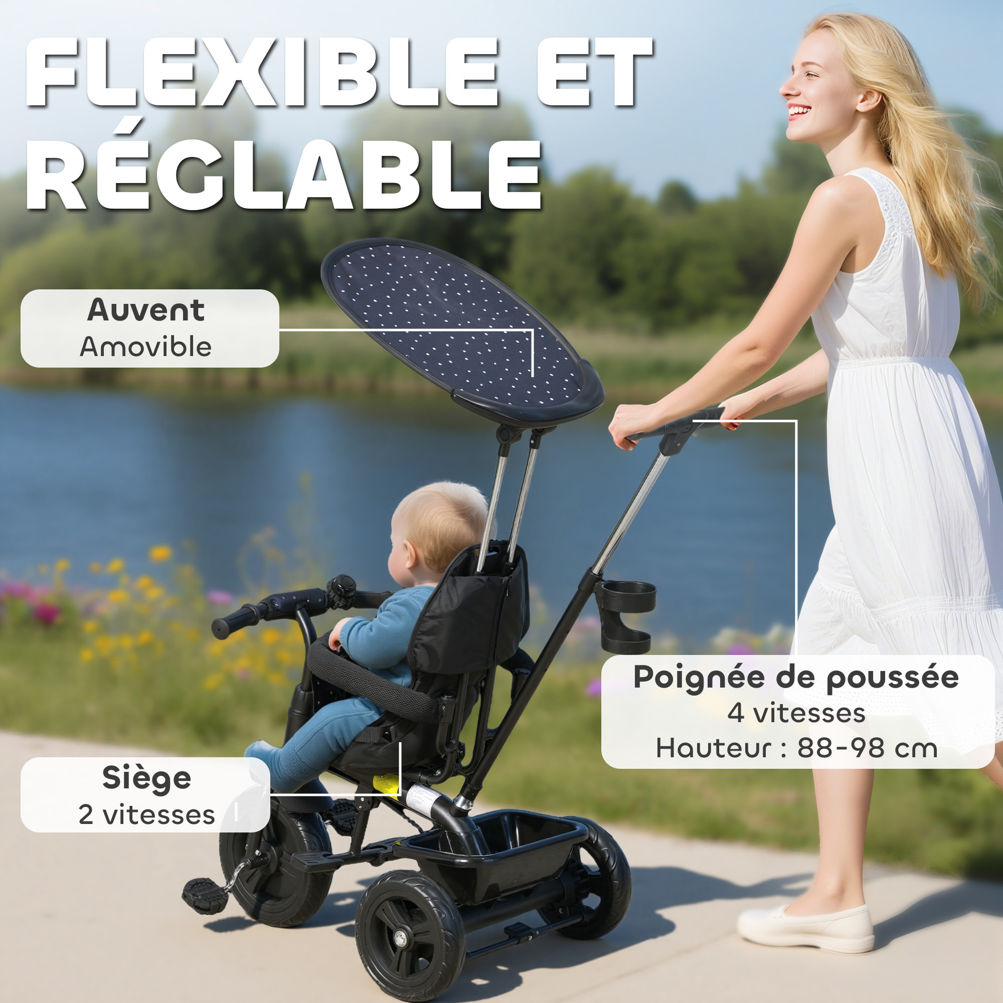 Tricycle enfant pare-soleil pliable canne amovible benne rangement acier bleu à pois noir