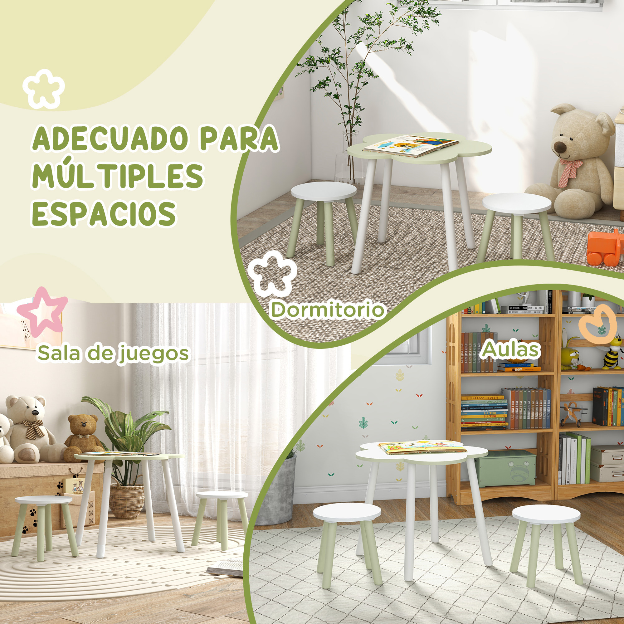 Juego de Mesa y 2 Sillas Infantiles Mesa con Sillas para Niños de 2-5 Años con Mesa en Forma de Flores Ø59x50 cm y Sillas Ø28x26 cm para Dormitorio Sala Blanco y Verde Pastel