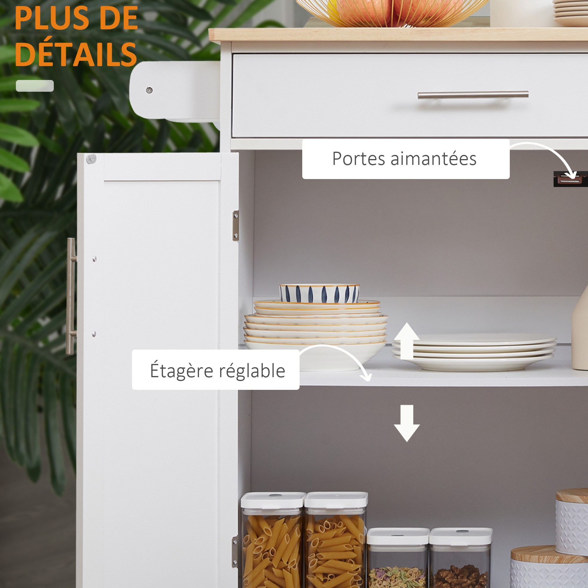 Desserte de cuisine - 2 portes, étagère, tiroir, porte-torchons - bois hévéa pin blanc