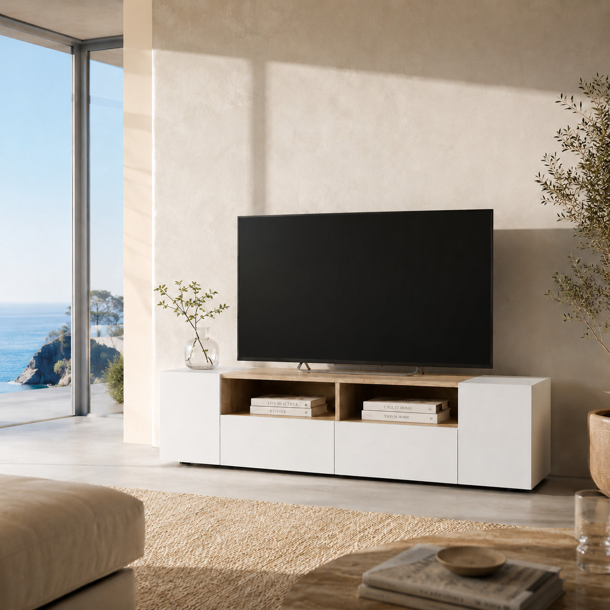 Mobile Porta TV Moderno Con Ante E Vani a Giorno Parete Attrezzata Salvaspazio Per Soggiorno Salotto Cameretta Camera 138x40.2x34 Cm Bianco E Rovere