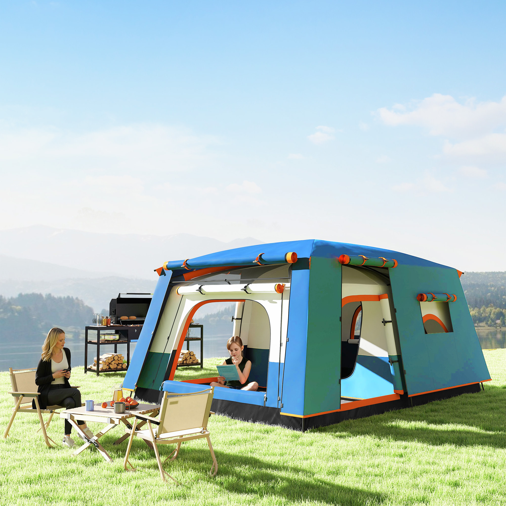 Tente de camping familiale 4-5 personnes - portes, fenêtres, sac de transport inclus - dim. 4,3 x 3 x 1,95 m - bleu