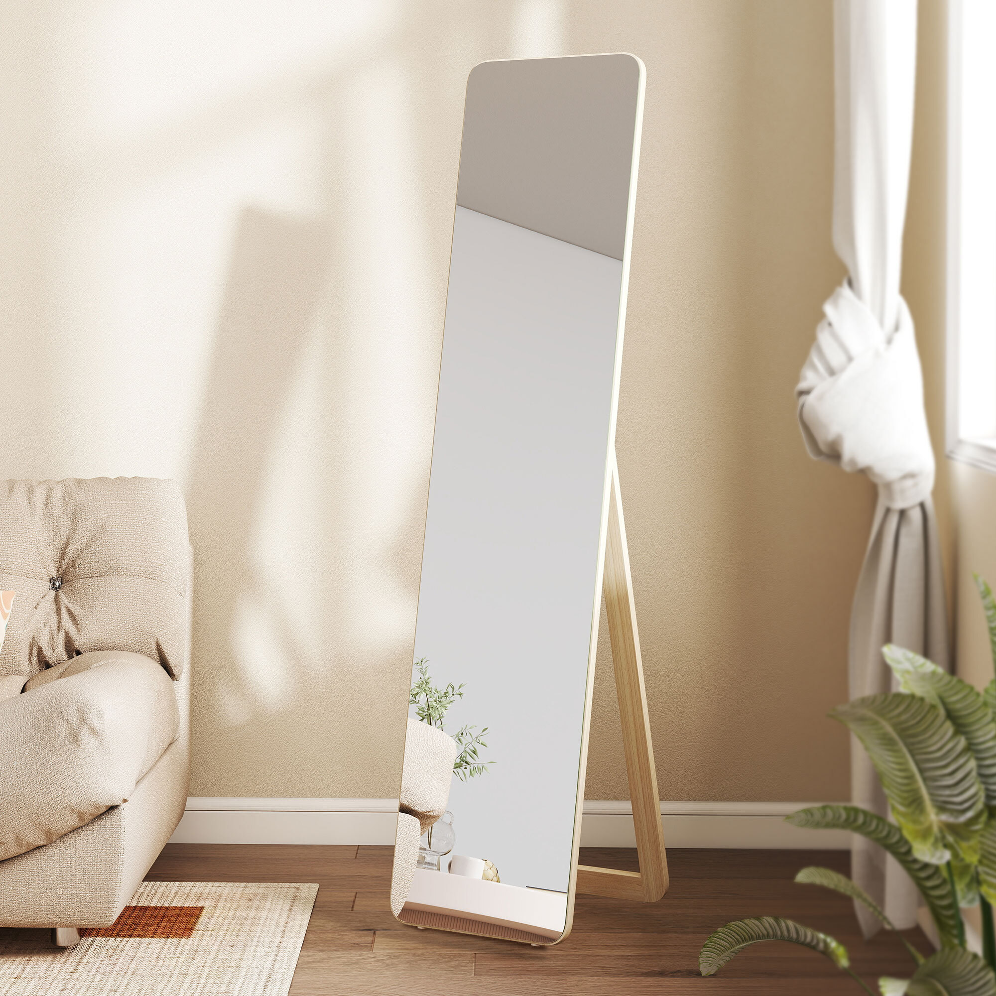 Miroir sur pied et mural rectangulaire dim. 37L x 43l x 156H cm verre MDF bois clair