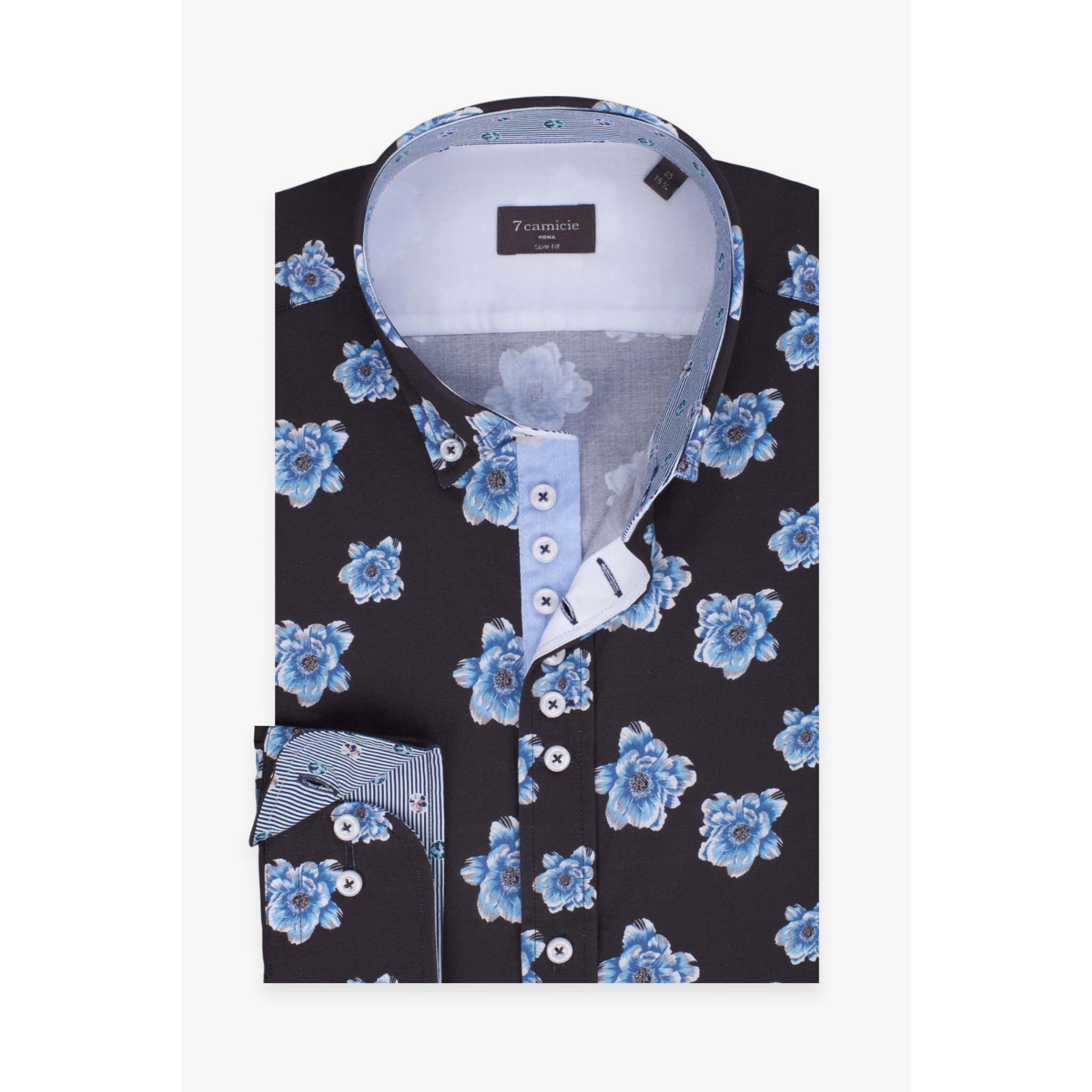 Camicia Uomo 1 Bottoni Button Down Slim Popeline Stampato Blu/Celeste