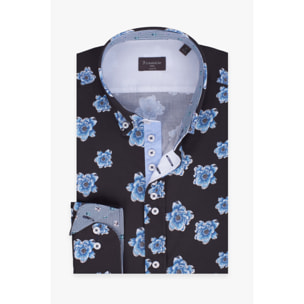 Camicia Uomo 1 Bottoni Button Down Slim Popeline Stampato Blu/Celeste