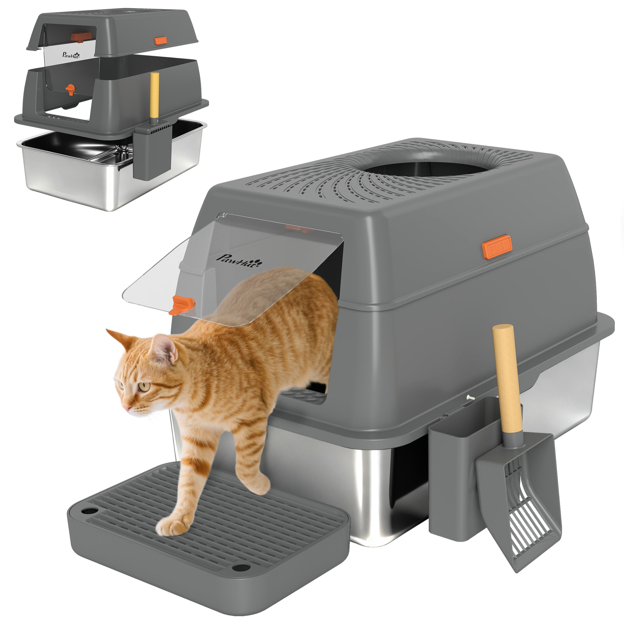 Maison de toilette bac à litière fermé acier inox - pelle, couvercle ouvrant, entrée verrouillable - gris