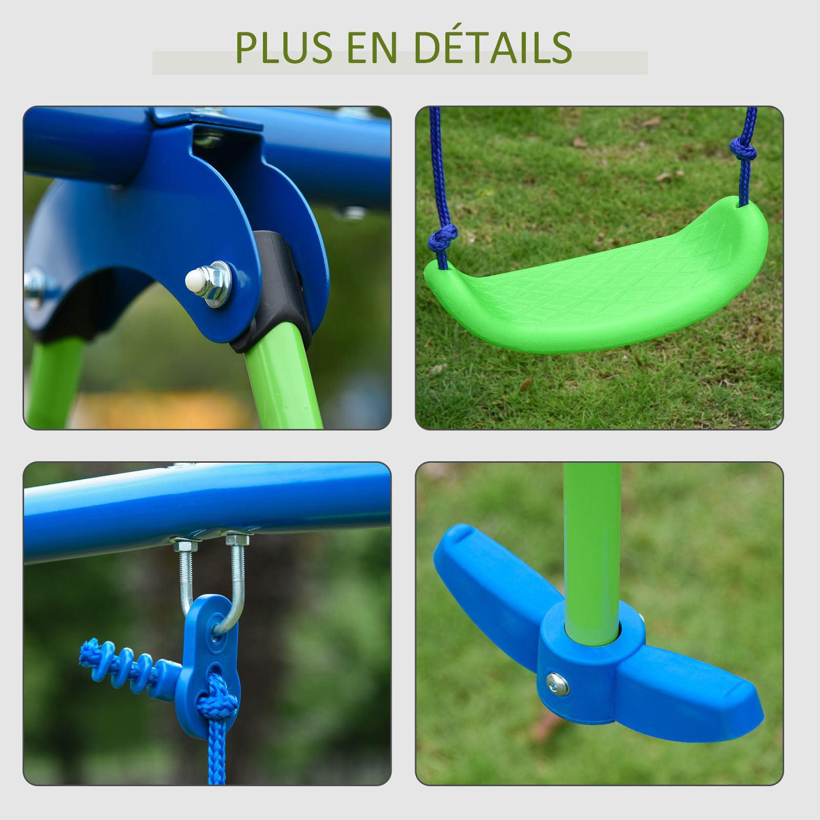 Balançoire 3 agrès portique avec 2 balançoires et face à face dim. 2,8L x 1,4l x 1,78H m métal époxy anticorrosion PE vert bleu