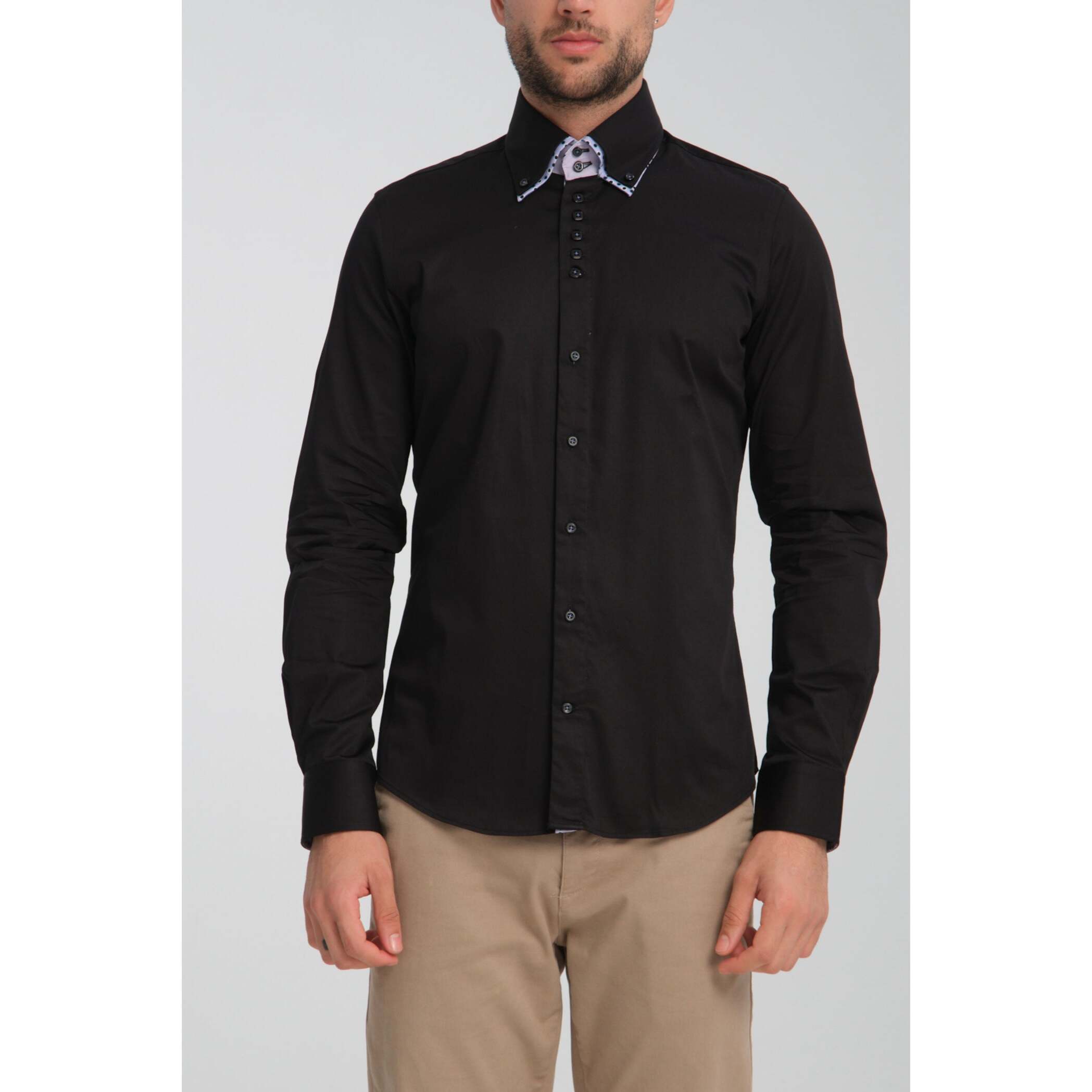 Camicia Uomo 2 Bottoni Button Down 7bottoni Doppio Coll Satin Unito Nero