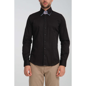 Camicia Uomo 2 Bottoni Button Down 7bottoni Doppio Coll Satin Unito Nero
