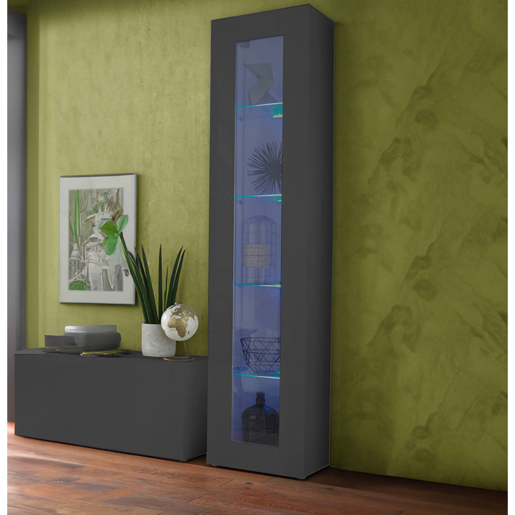 Vetrina Arnika, Credenza a 1 anta con ripiani in vetro, Mobile da soggiorno multiuso, 100% Made in Italy, cm 40x30h180, Antracite