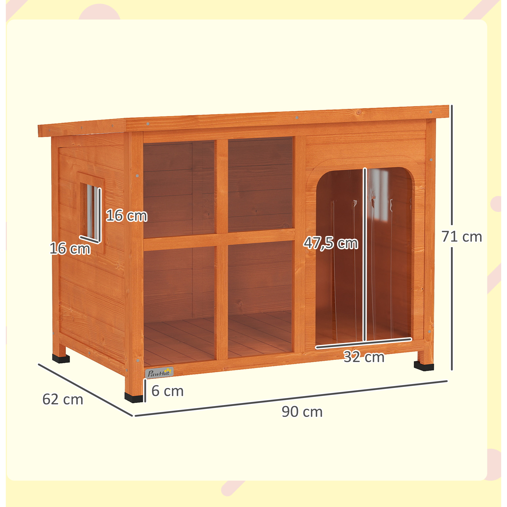 PawHut Caseta para Perros Exterior Casa para Perros Pequeños y Medianos con Techo Asfáltico Abatible Puerta con Cortina Panel Frontal Transparente y Base Extraíble 90x62x71 cm Natural