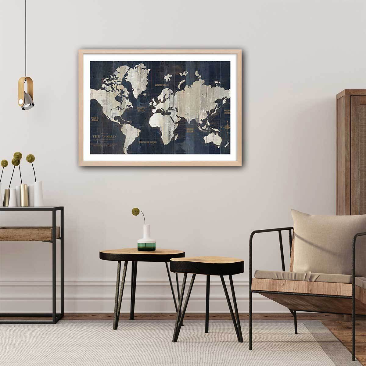 Affiche Carte du monde voies navigables Affiche + cadre en bois - Chêne