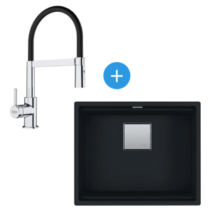 Kubus Evier sous plan 56x46cm Fragranit+, Noir mat + Mitigeur cuisine 205x410mm semi-pro avec douchette extractible, Chrome/Noir