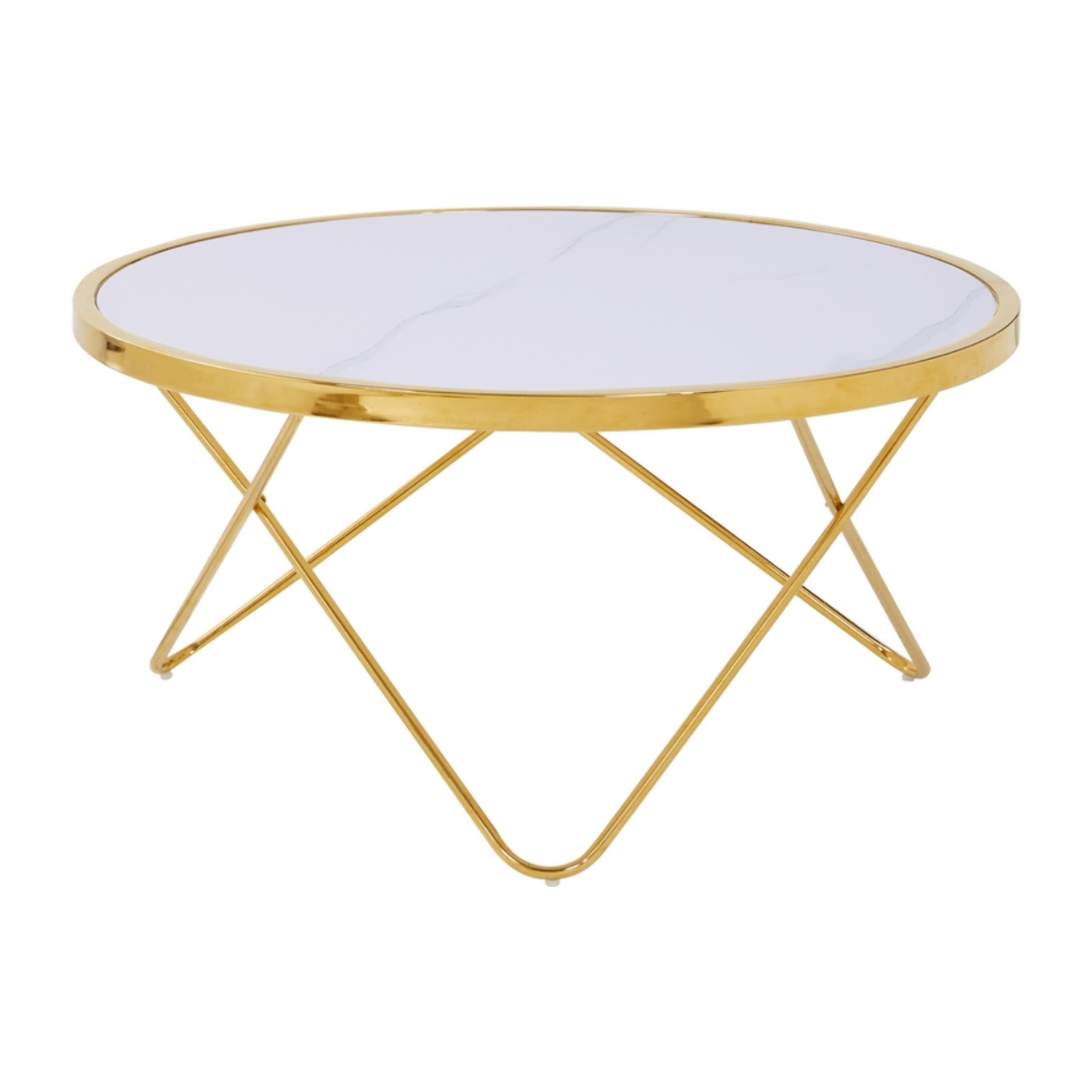 Tavolino design con gambe dorate e piano effetto marmo bianco - Izmo
