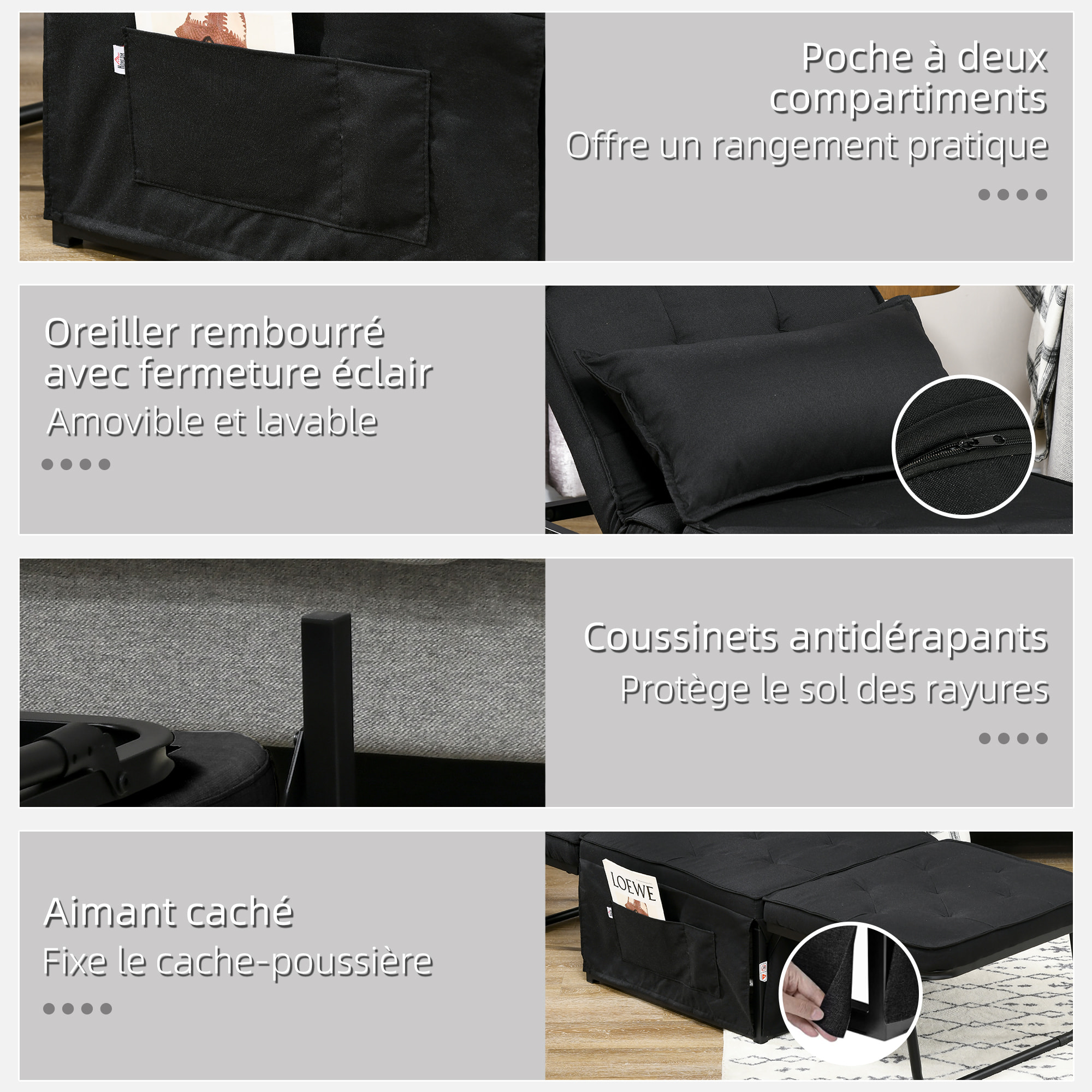 Fauteuil chaise longue lit pouf 4 en 1 dossier inclinable 5 niveaux repose-pied rabattable châssis acier noir tissu noir