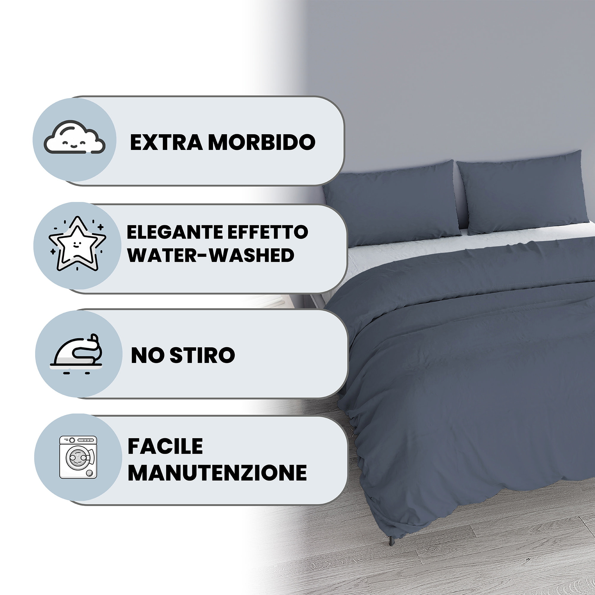 PARURE COPRIPIUMINO WATER WASHED, 100% Microfibra, No Stiro - BLU