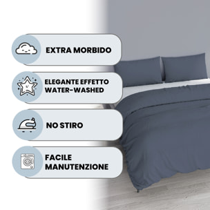 PARURE COPRIPIUMINO WATER WASHED, 100% Microfibra, No Stiro - BLU