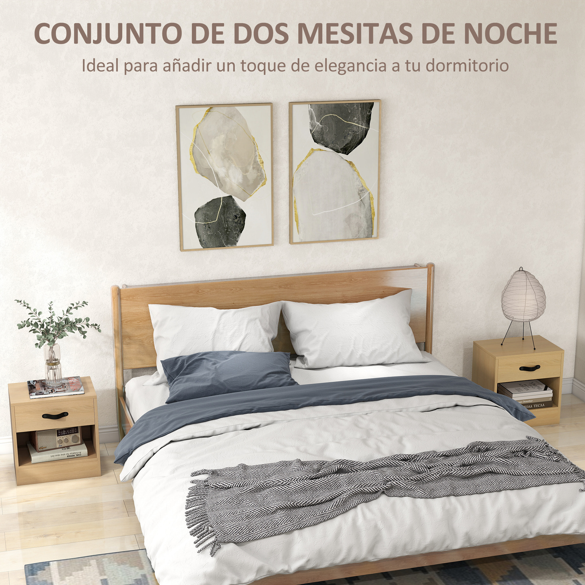 Pack de 2 Mesitas de Noche Mesillas de Noche Dormitorio Estrechas con Cajón y Compartimento Abierto para Salón 39x28x41 cm Natural