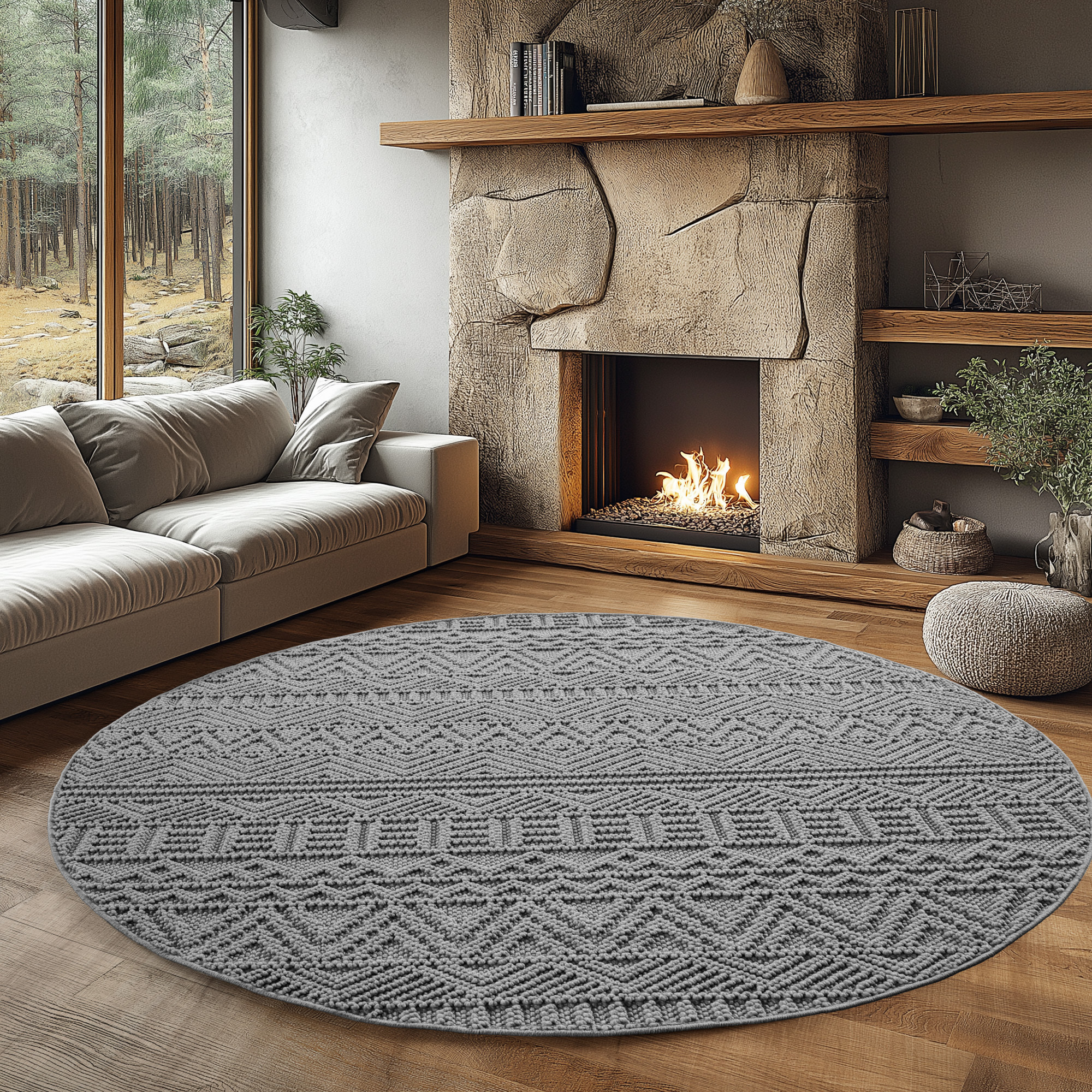 HELIX - Tapis moderne rond effet laine bouclé à motif berbère en relief gris