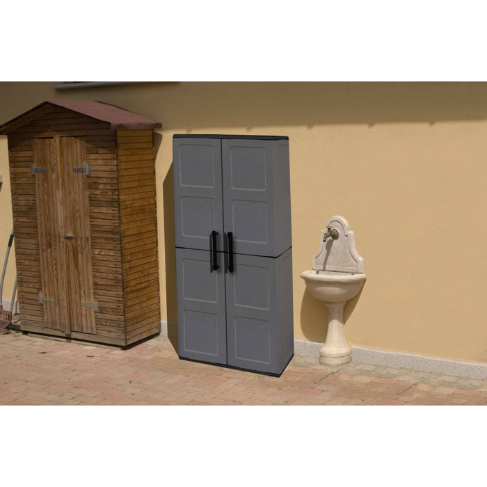 Armadio da esterno Akina, Mobile da balcone, Armadio multiuso con ripiani, 100% Made in Italy, 68x37h163 cm, Grigio e Nero, Finitura quadri