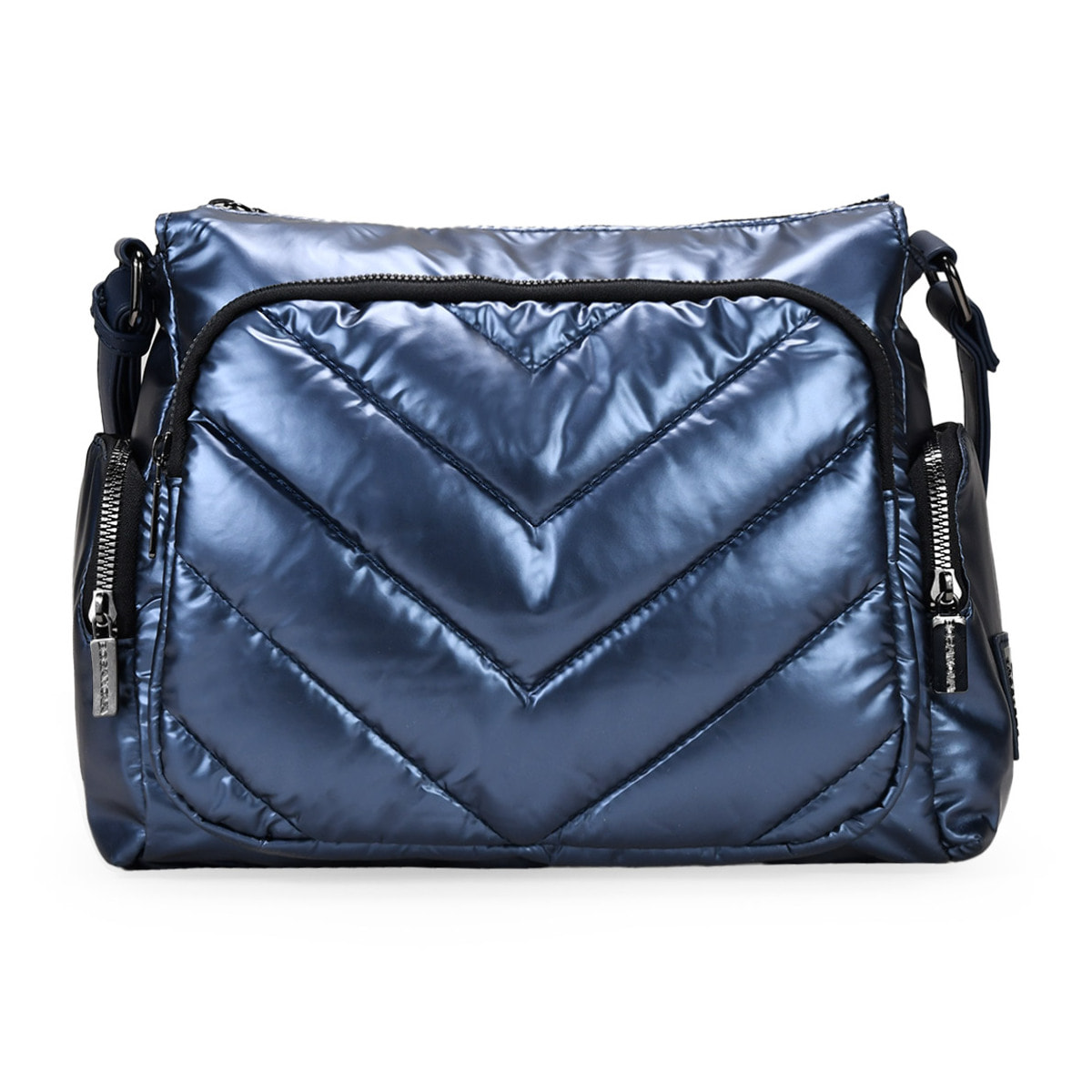 Bolso bandolera acolchada azul metalizado con bolsillos