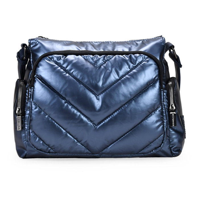 Bolso bandolera acolchada azul metalizado con bolsillos