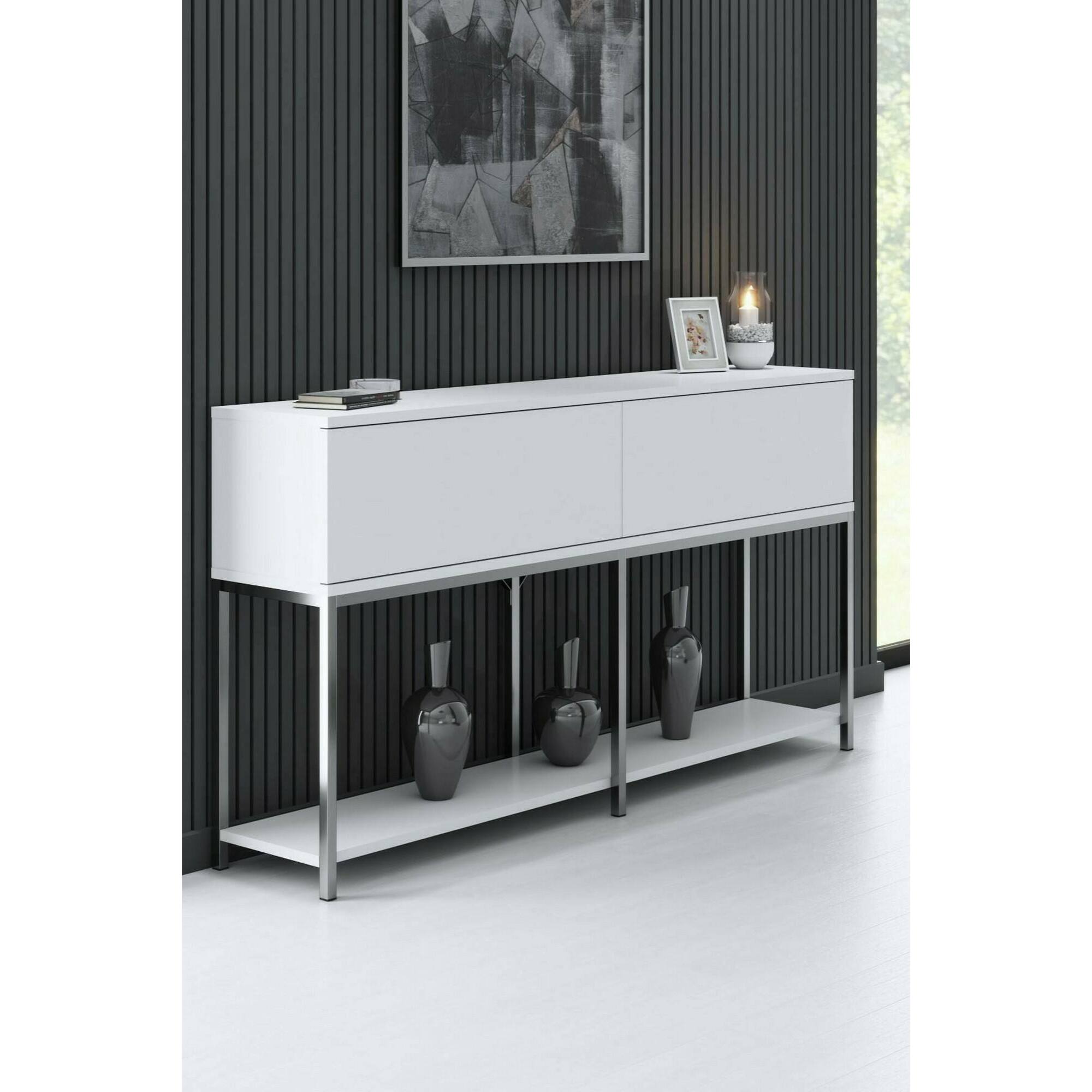 Credenza Djimsit, Buffet da soggiorno, Madia da salotto, Dispensa da cucina, 150x30h80 cm, Bianco e Argento