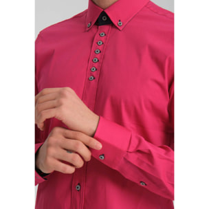 Camicia Uomo 1 Bottoni Button Down Slim Popeline Stretch Unito Fucsia