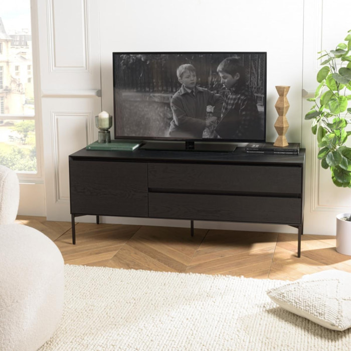 MAXENDRE - Meuble TV noir 1 porte 2 tiroirs pieds métal noir