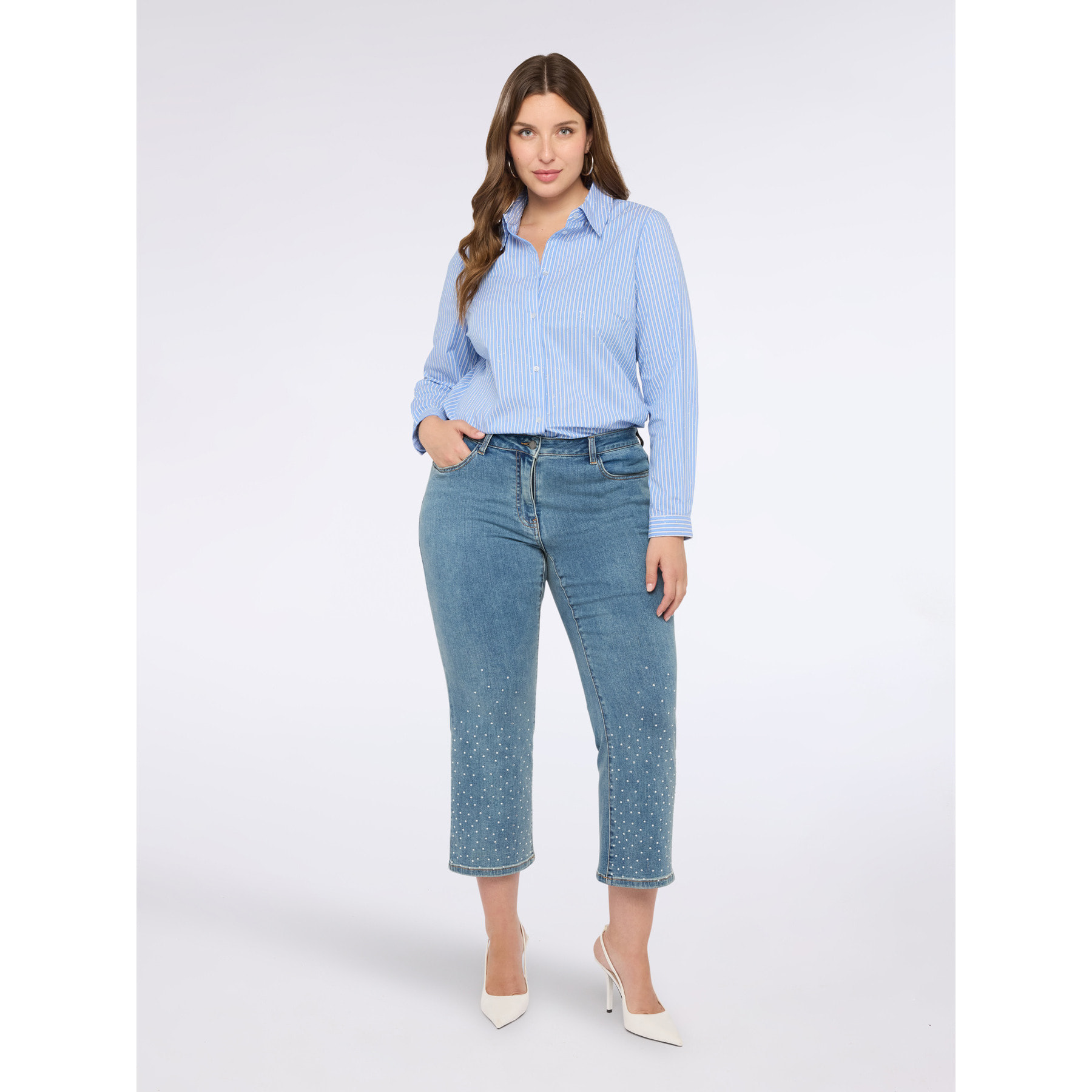 Fiorella Rubino - Camisa a rayas de mezcla de algodón con detalles brillantes - Light - blue