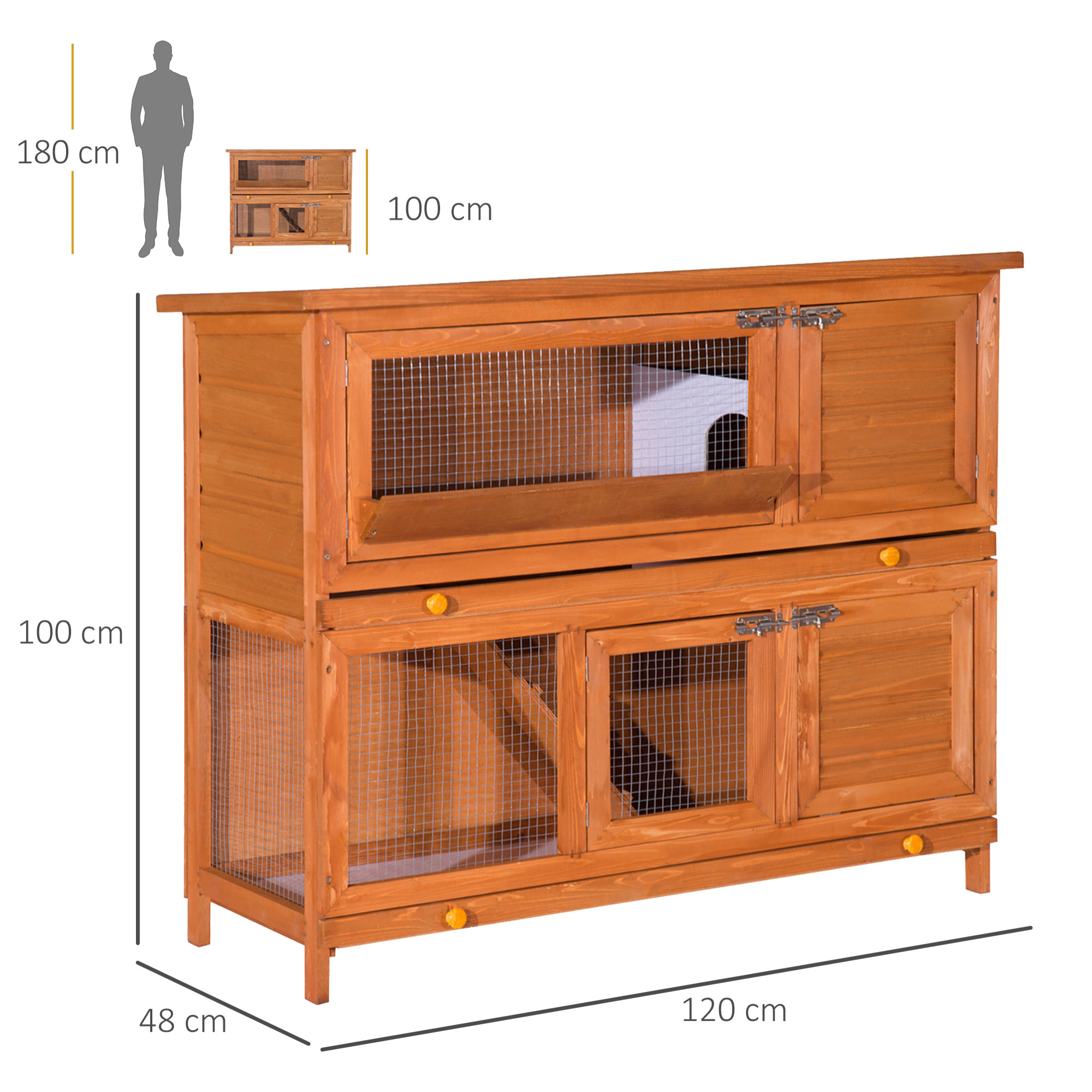 Cage a lapin poulailler clapier en bois de pin de grande taille avec 2 etages 120x48x100 cm