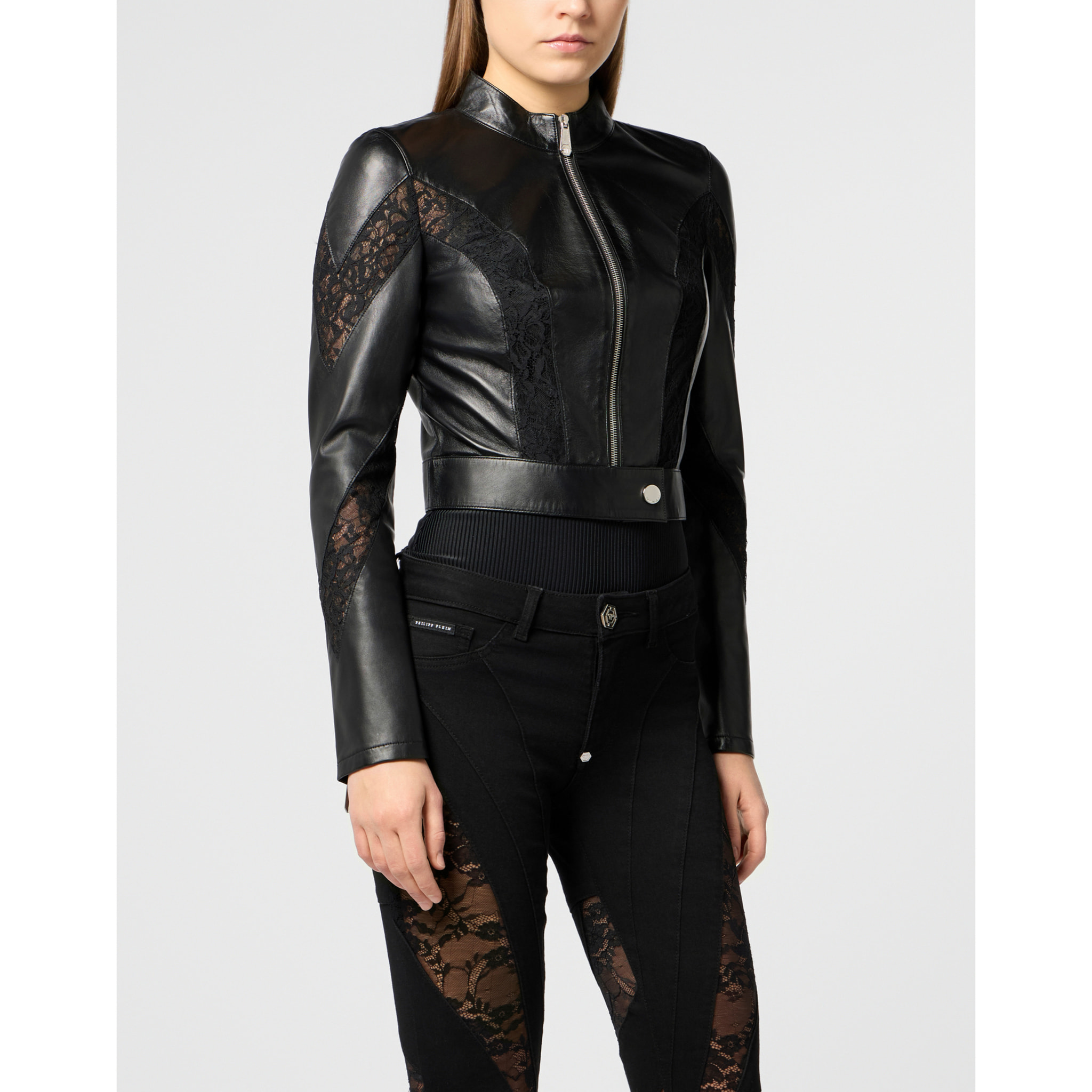 PHILIPP PLEIN Fitted Biker Jacket with Lace Inserts
