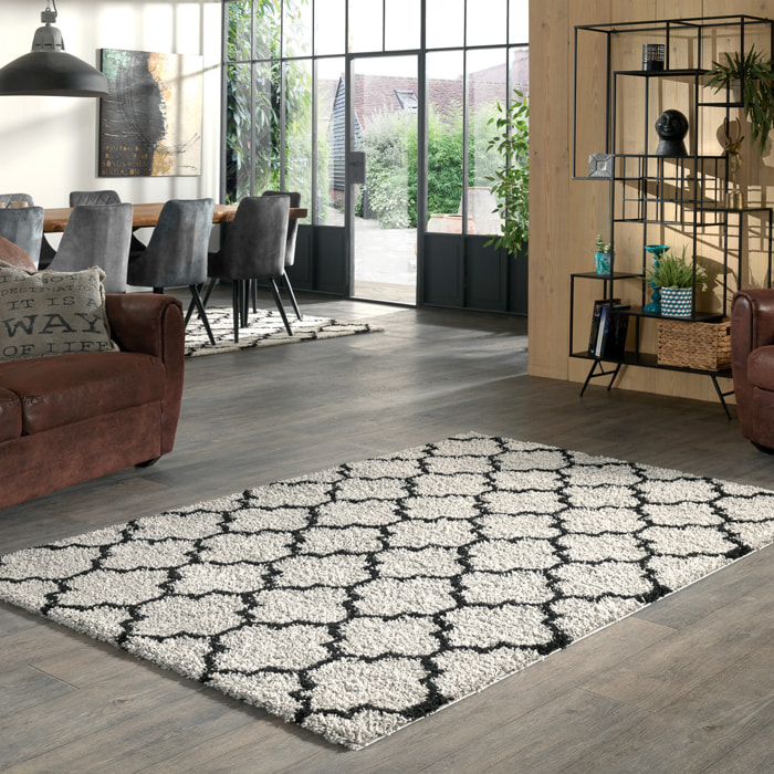 Trellis - tapis shaggy de salon en laine artificielle gris et noir