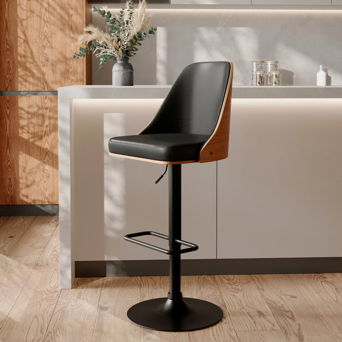 Chaise de bar réglable et pivotante en bois foncé et PU noir 56/77 cm - Georges