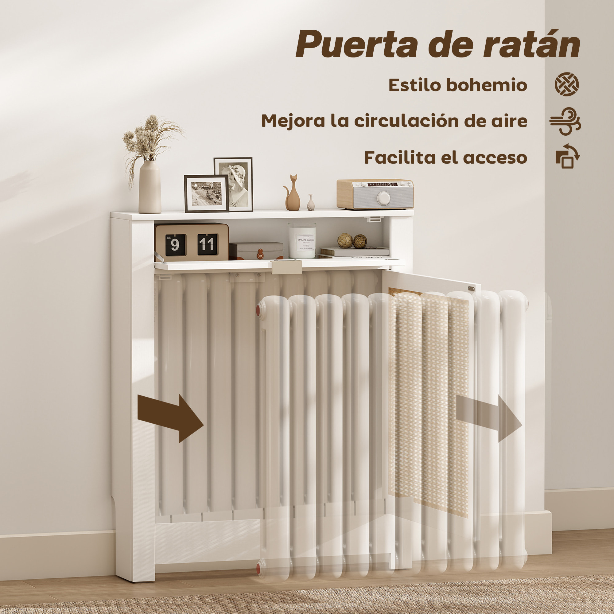Cubre Radiadores con Puerta Abatible y Ratán, Cubreradiador de MDF, 78x19x95,5 cm, Cubierta para Radiador, Compartimento, Diseño Bohemio, para Salón, Dormitorio, Blanco