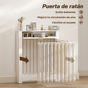Cubre Radiadores con Puerta Abatible y Ratán, Cubreradiador de MDF, 78x19x95,5 cm, Cubierta para Radiador, Compartimento, Diseño Bohemio, para Salón, Dormitorio, Blanco