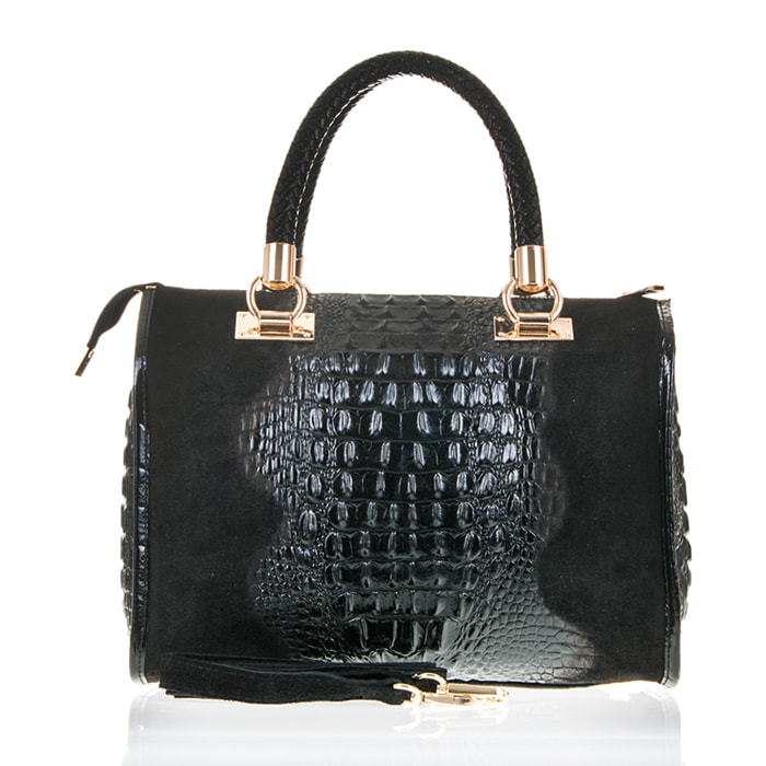 FIRENZE ARTEGIANI Borsa Tote da Donna Anacapri. Vera Pelle Scamosciata Incisione Coccodrillo Made in Italy 30x15x22 Cm. Colore nero