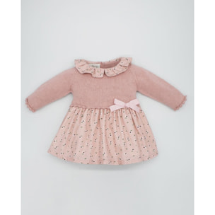 VESTIDO COMBINADO PUNTO Y VIELLA FLOR ROSA BEBÉ
