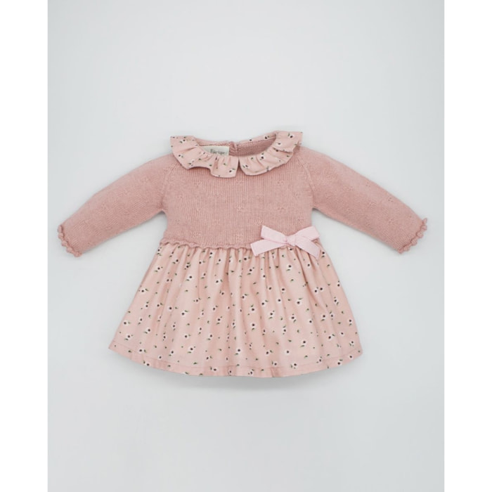 VESTIDO COMBINADO PUNTO Y VIELLA FLOR ROSA BEBÉ