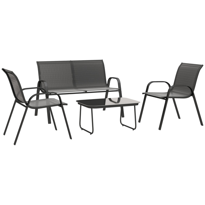 Conjunto de Jardín Exterior 4 Piezas Muebles Jardín Exterior con 2 Sillones Apilables 1 Sofá de 2 Plazas y Mesa de Centro con Tablero de Vidrio Templado Negro
