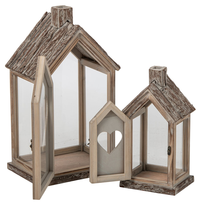 J-Line Set de 2 lanternes cœur - bois de sapin - beige