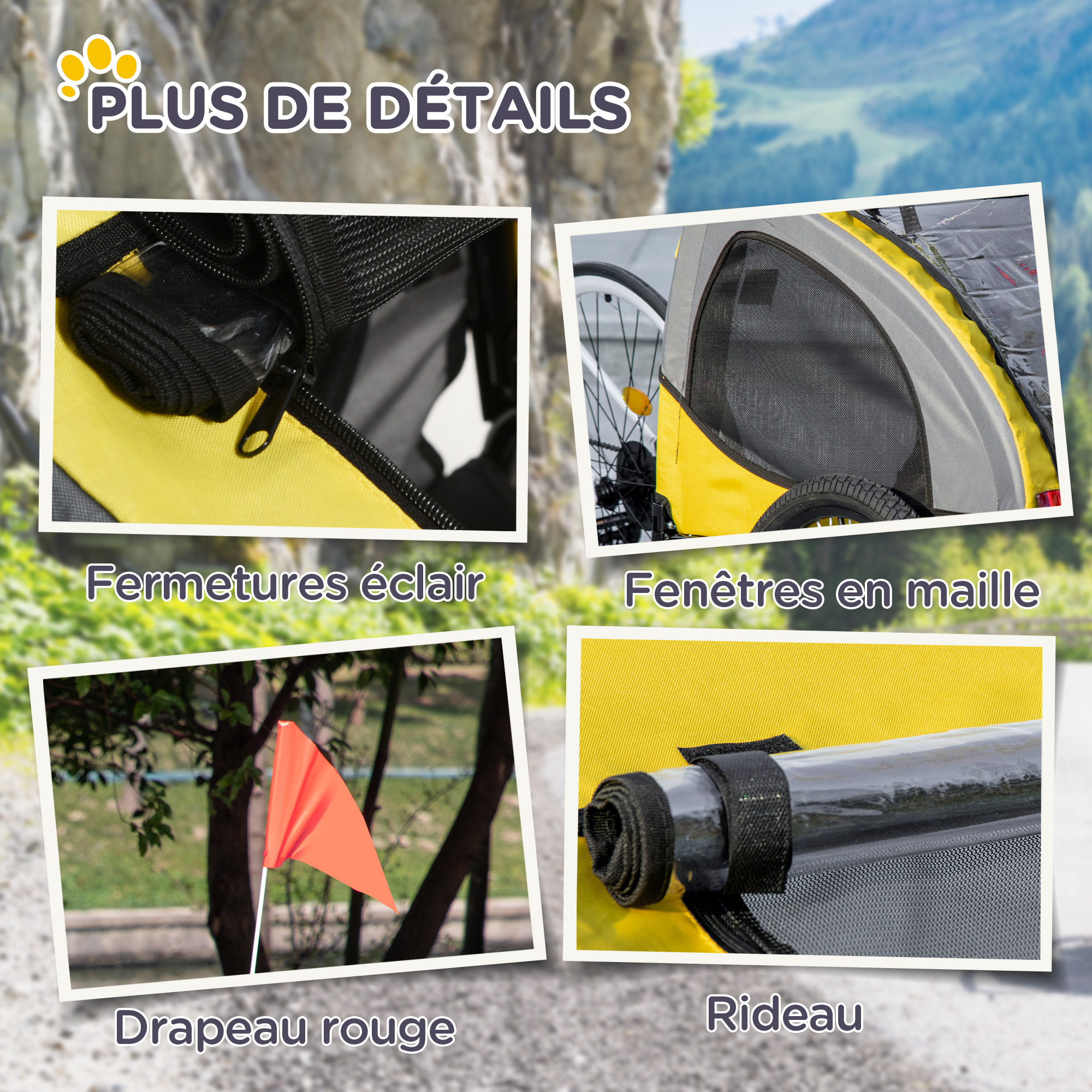 Remorque vélo pour chien 20 Kg pliable barre attelage fixation réflecteurs drapeau jaune