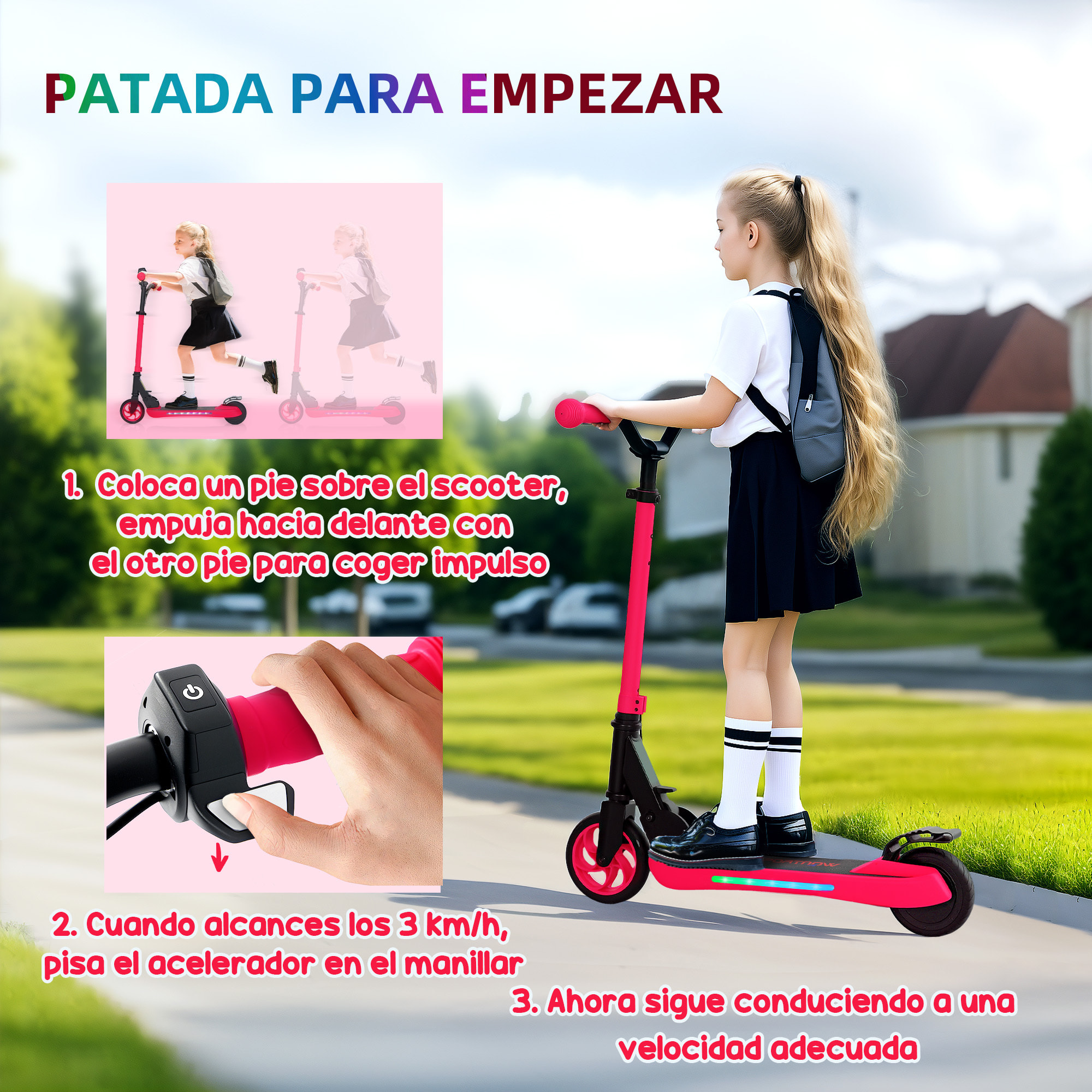 Patinete Eléctrico Plegable MAX 10 KM/H Patín Eléctrico de +6 Años Motor 120 W Autonomía 6 KM Ruedas de 5" - 5,5" Freno Posterior Altura Ajustable Luces LED y Marco de Aluminio Rojo