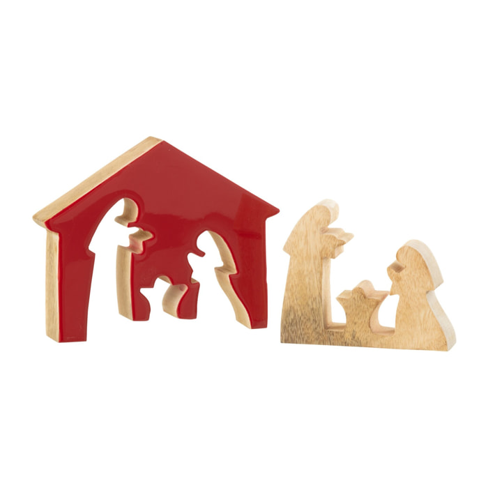 J-Line décoration Crèche Noël Maison - bois - rouge/naturel - medium